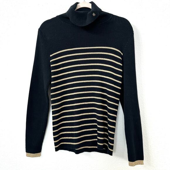 Lauren Ralph Lauren Black Gold Stripe Turtleneck Sweater Women L Cotton Classic - Picture 2 of 6